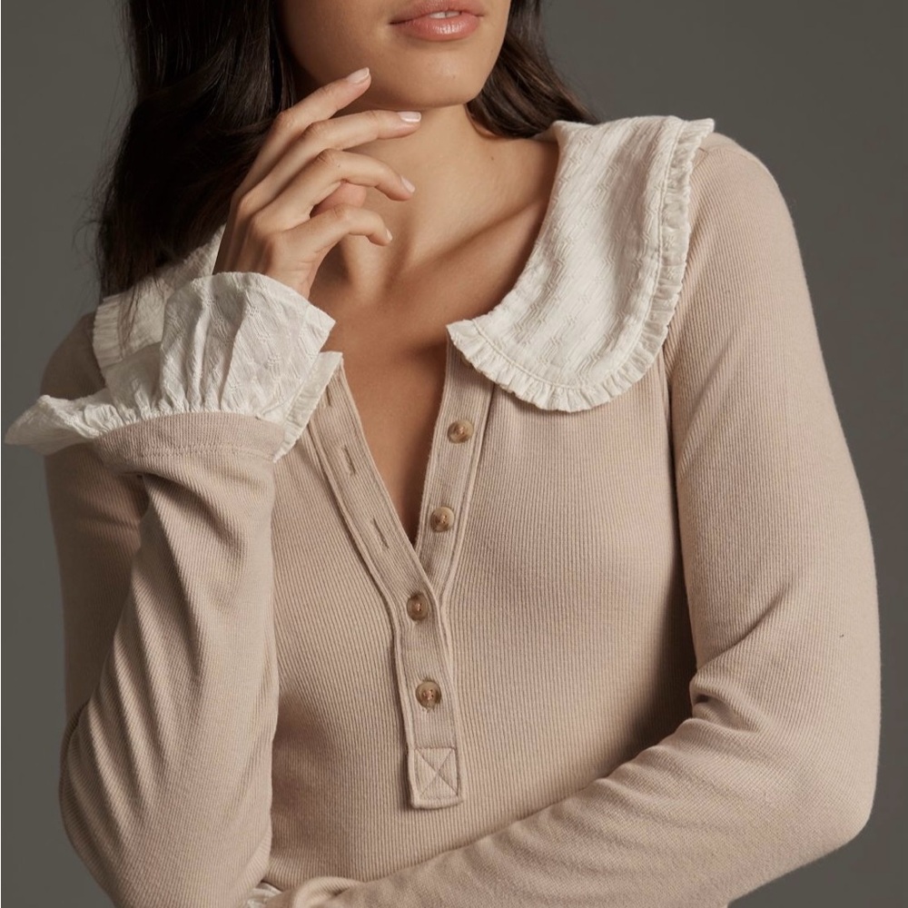 Beige Long Sleeve Top with White Ruffle Collar